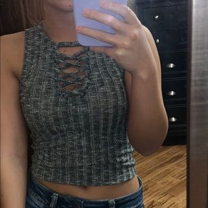 Gray crisscross crop tank